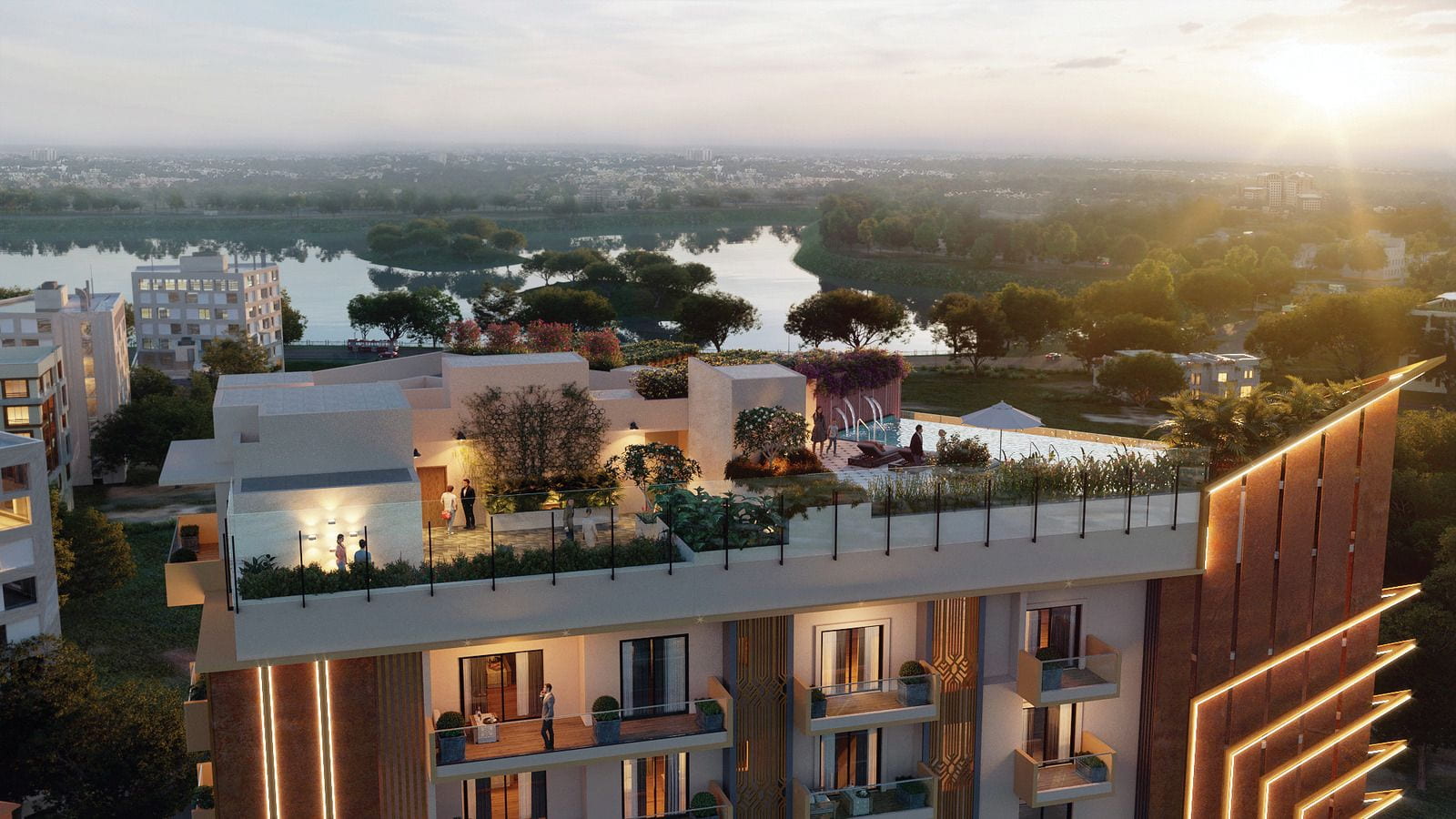 Aerial view of Vaishnavi Premiere township with pool and landscaped gardens