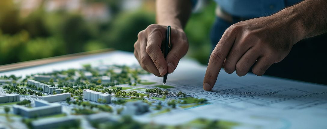 Hands reviewing an architectural site plan