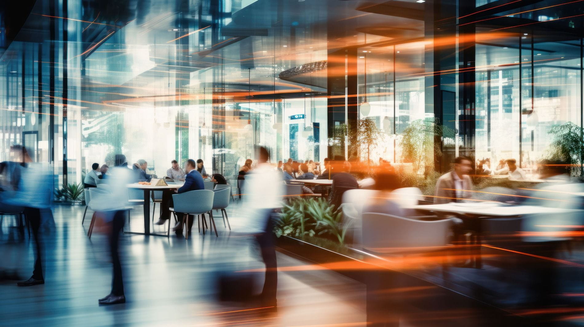 Blurred motion of professionals walking through a modern office space