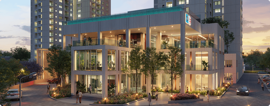 Exterior rendering of Vaishnavi at One Krishna Brindavan at dusk