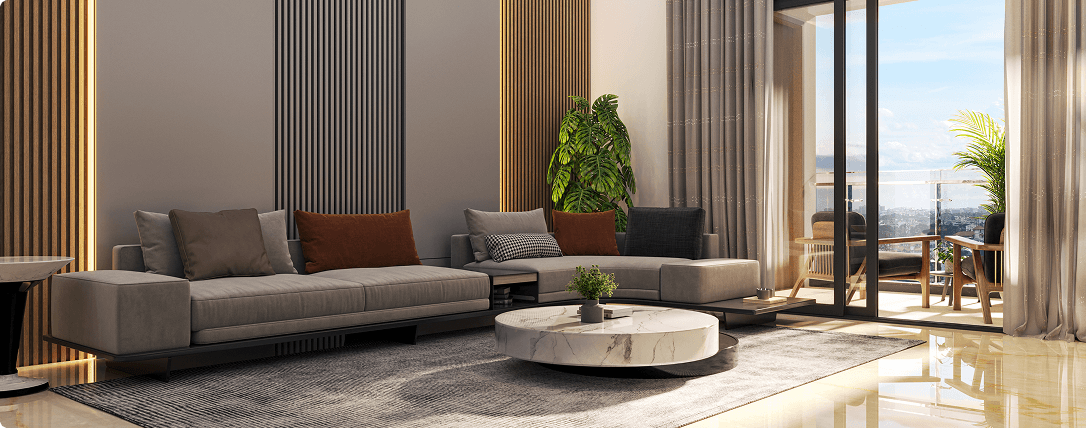Modern living room interior at Vaishnavi at One Krishna Brindavan