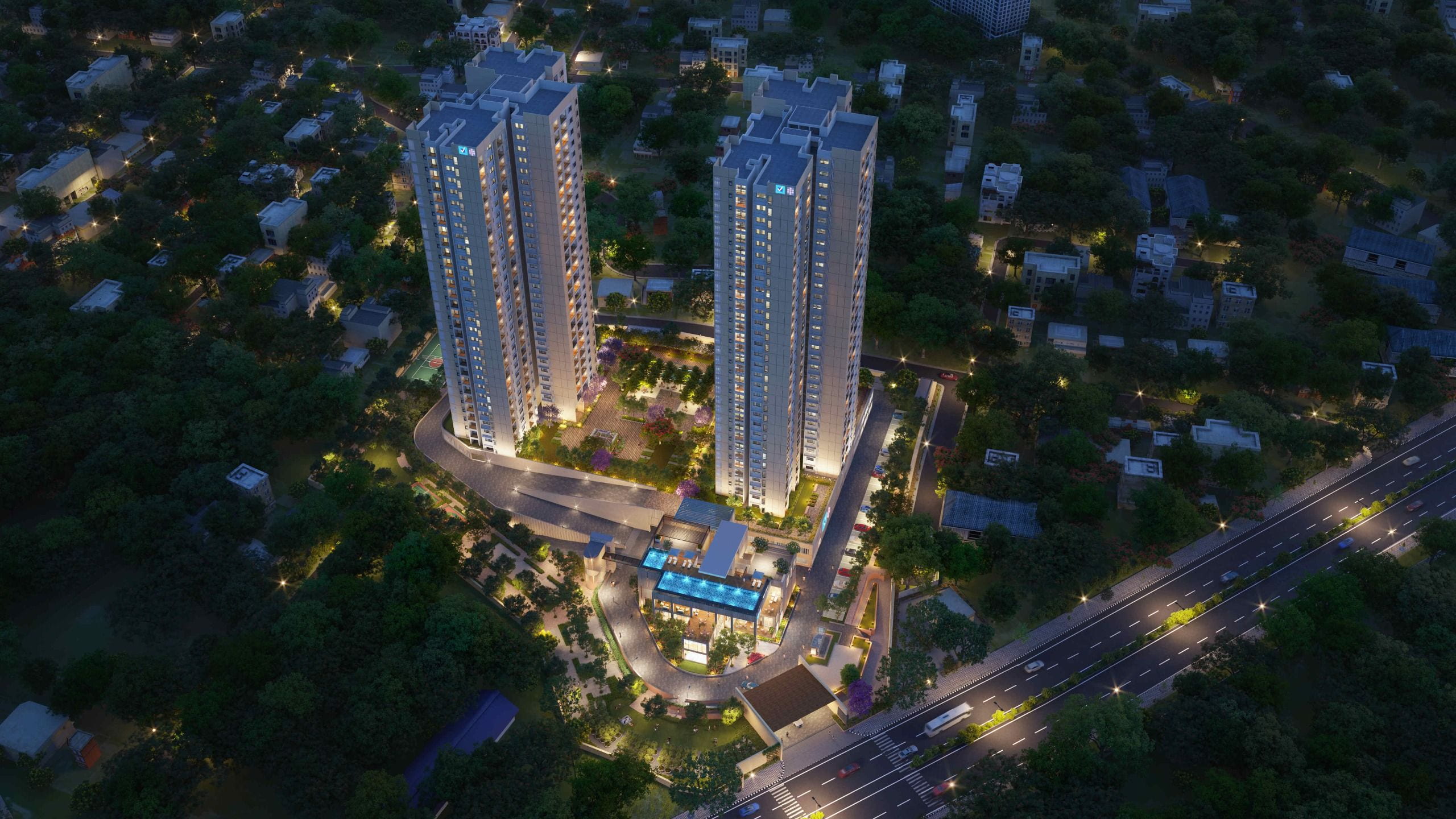 Aerial night view of a Vaishnavi Group apartment project in Banashankari
